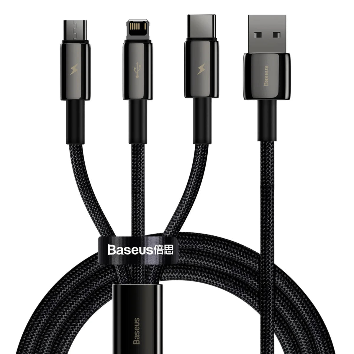 BASEUS Tungsten Gold One-for-Three Fast Charging Data Cable USB to M+L+C – 3.5A, 1.5M Black