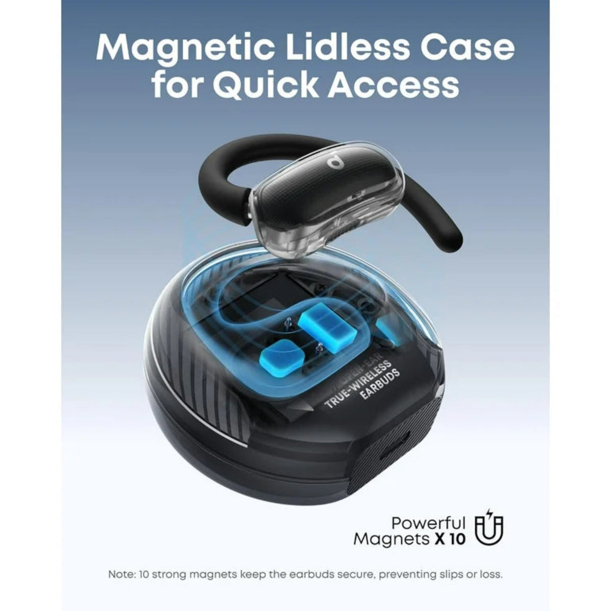 Magnetic lidless case for True-Wireless Earbuds with visible brand logo on a light blue background