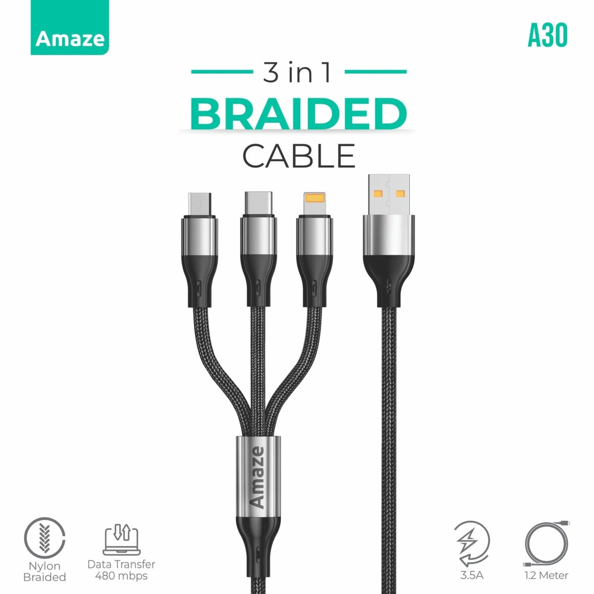 Amaze A30 3-in-1 USB to Micro/TypeC/iP Cable 3.5A 1.2m