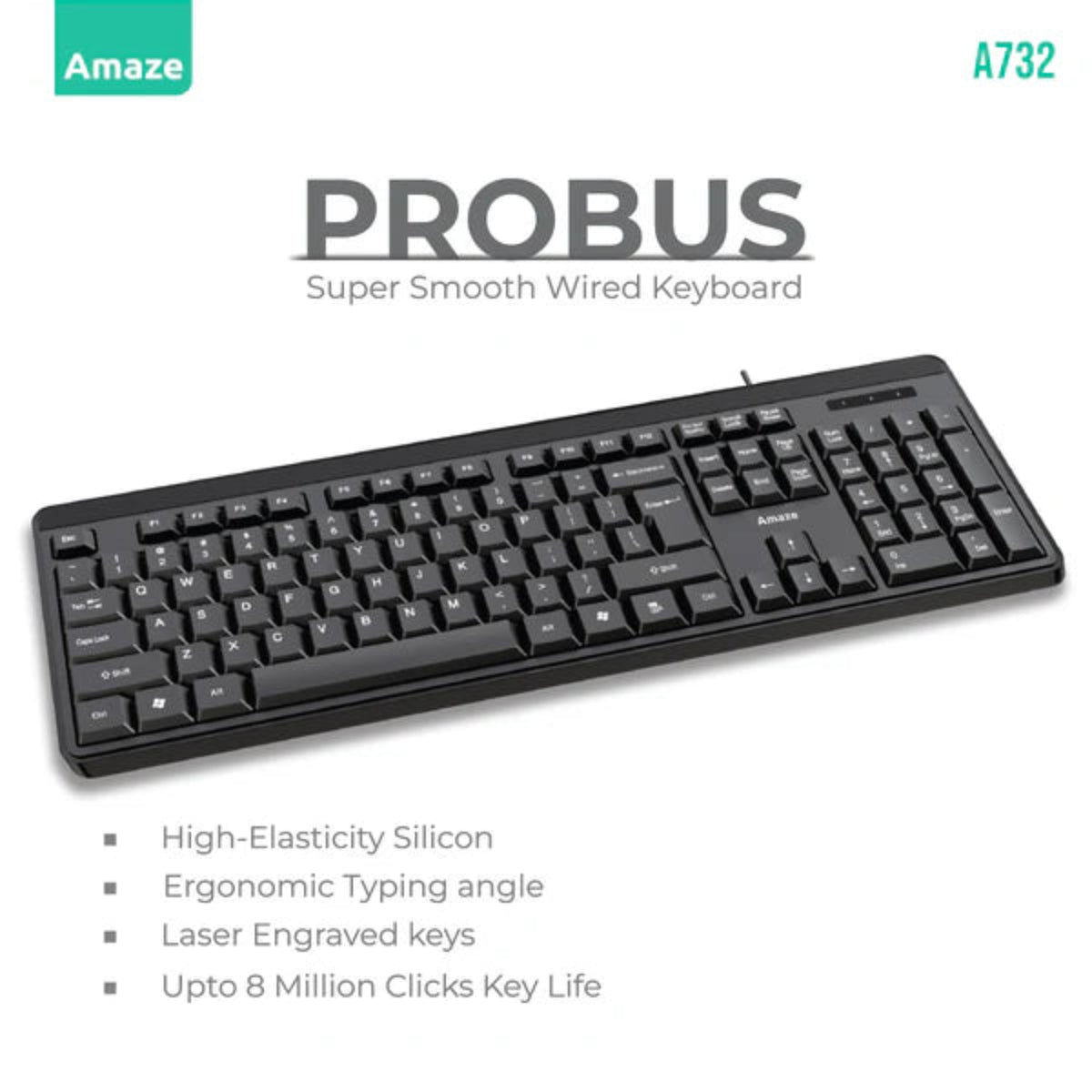 Amaze A732 Probus Super Smooth Ergonomic Wired Keyboard Black