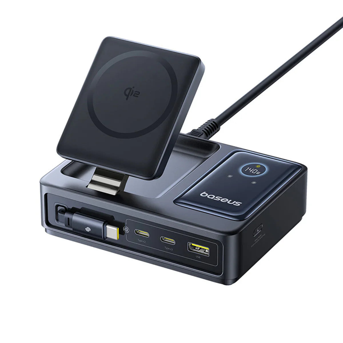 BASEUS NOMOS 5-in-1 Desktop Charger – 140W (3C + U) EU with Qi2 Wireless Charging, Retractable Cable & Digital Display – Cosmic Black | Price in Pakistan