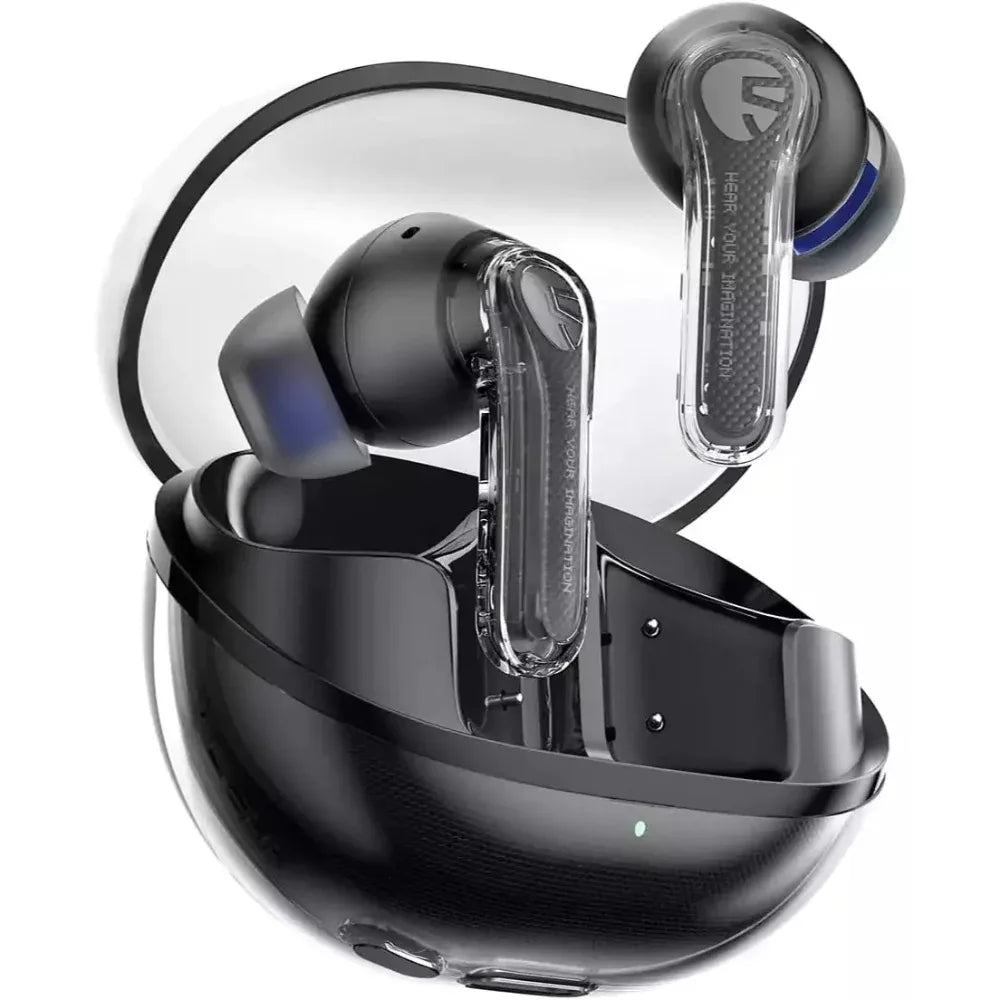 SoundPEATS Clear transparent wireless earbuds with charging case featuring Bluetooth 5.3, 12mm drivers, dual mic system, and modern see-through design for music and calls.