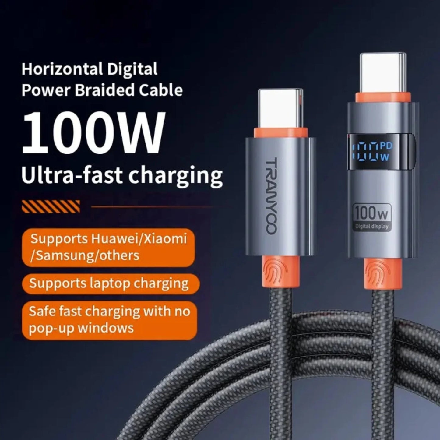 Tranyoo Type-C to Type-C Cable CC-6 100W with Digital Display Price in Pakistan | dynsol.pk - dynsol