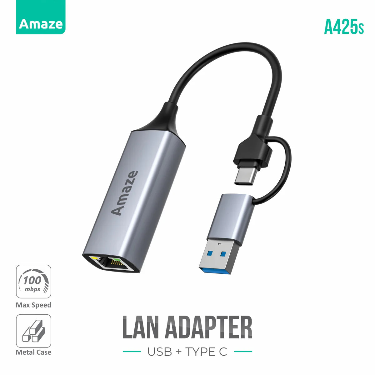 Amaze A425s Aluminum Alloy Type-C + USB LAN Adapter