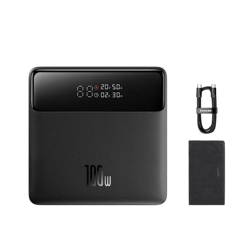 Baseus Blade HD Edition 20000mAh 100W Fast Charging Power Bank with digital display, USB-C cable, and portable design