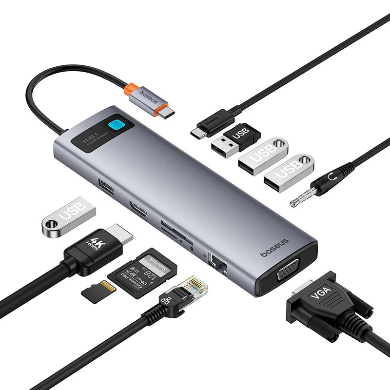 Baseus Metal Gleam Series 11-Port Type-C Hub Space Grey with HDMI, VGA, USB 3.0, PD charging, RJ45 LAN, SD TF card reader and 3.5mm audio port.