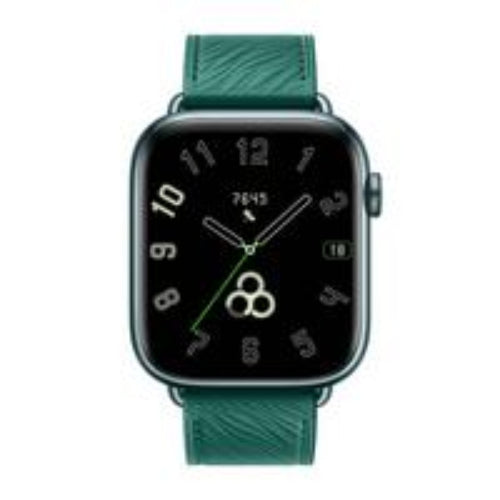 HONOR Watch 5 premium smartwatch with green leather strap, stylish design, AMOLED display, GPS, and health scan features.