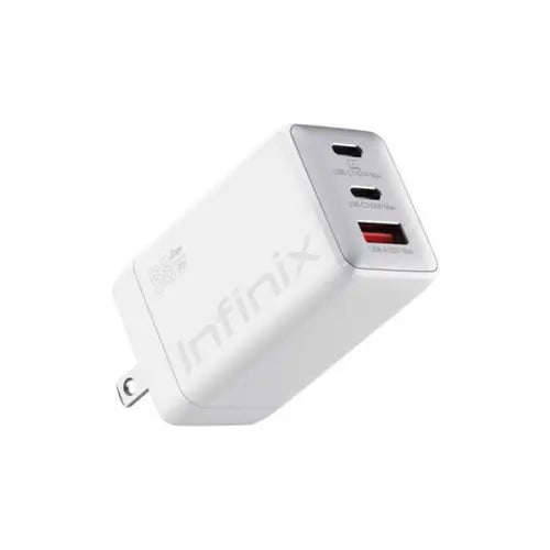 Infinix XDC95 68W GaN fast charger set in white with 100W Type-C braided cable