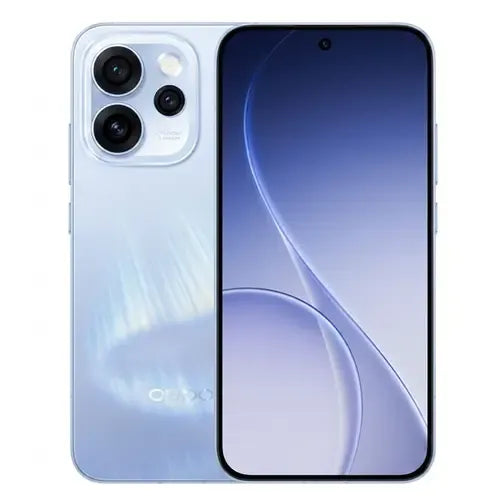 OPPO Reno15 8GB RAM 256GB storage smartphone in Light Blue color featuring sleek front screen and premium back camera module design.