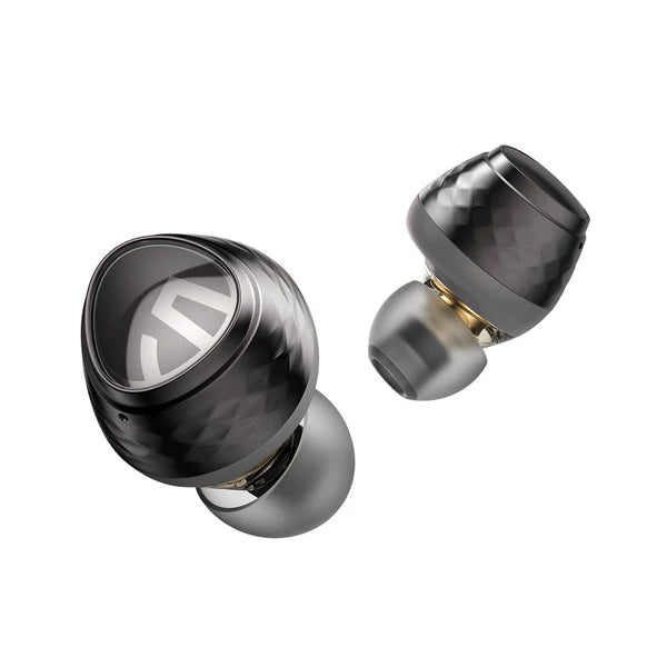 Close-up of SoundPEATS Engine 4 wireless earbuds with dual dynamic driver design.