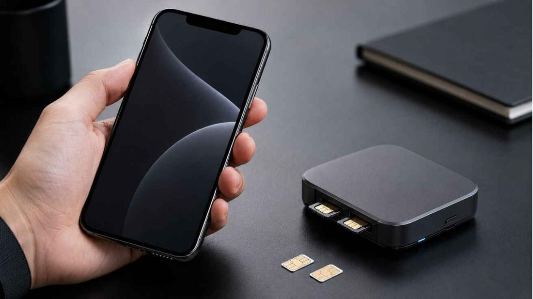 IKOS K7 dual SIM adapter with iPhone showing external SIM card solution for Jazz, Telenor, Zong and Ufone users in Pakistan.