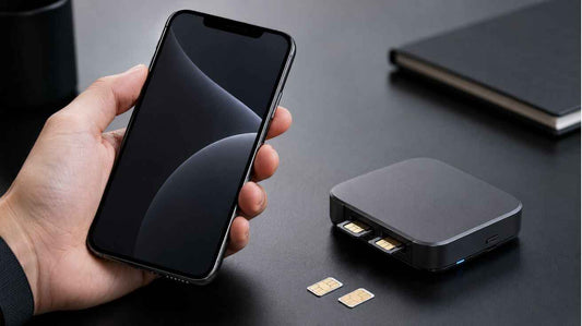 IKOS K7 dual SIM adapter with iPhone showing external SIM card solution for Jazz, Telenor, Zong and Ufone users in Pakistan.