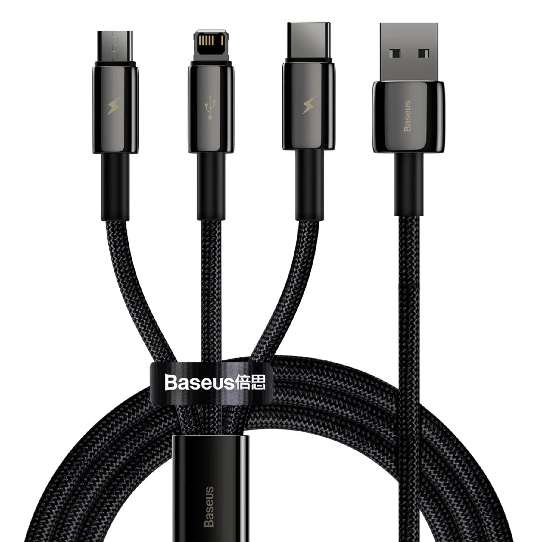 BASEUS Tungsten Gold One-for-Three Fast Charging Data Cable USB to M+L+C – 3.5A, 1.5M Black