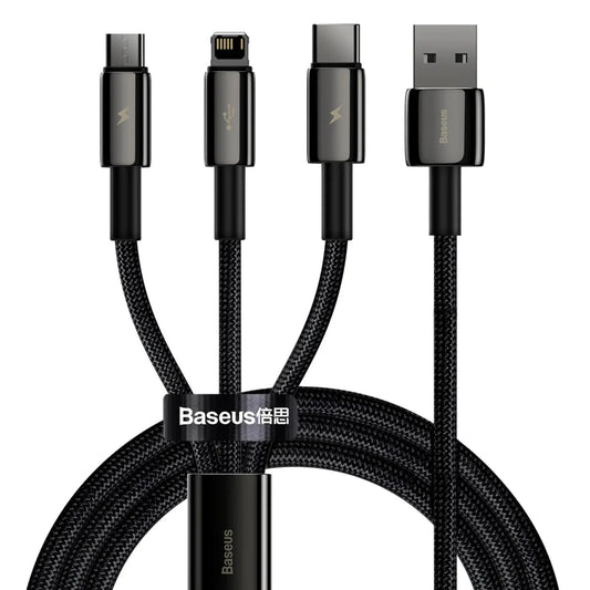 BASEUS Tungsten Gold One-for-Three Fast Charging Data Cable USB to M+L+C – 3.5A, 1.5M Black - dynsol