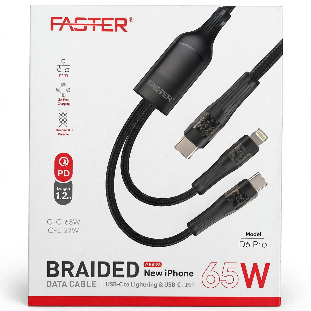 Faster D6 Pro 65W Type-C to Lightning & Type-C Cable – 65W listed rating & two listed connector types