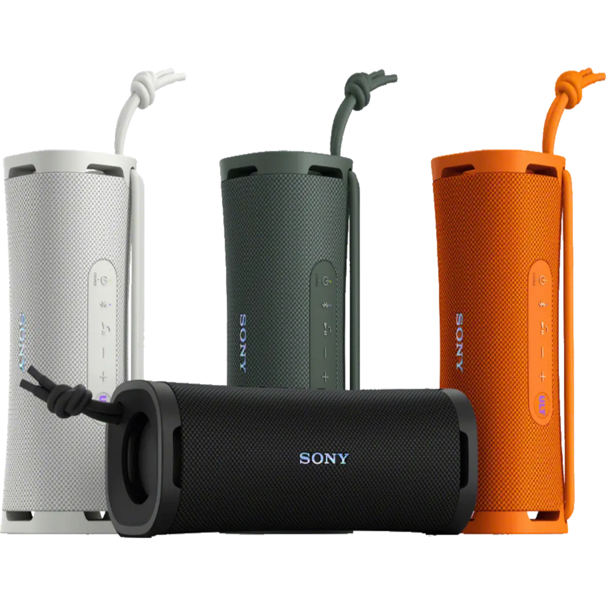 Four Sony portable speakers in different colors on a white background