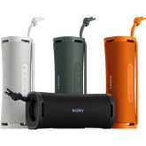 Four Sony portable speakers in different colors on a white background