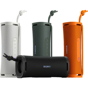 Four Sony portable speakers in different colors on a white background