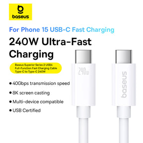 Baseus Superior Series 2 USB4 Full-Function Fast Charging Cable Type-C to Type-C 240W 1M