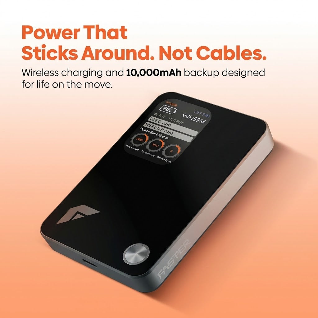 Faster PG-10K Power Go Power Bank – 10000mAh, 20W USB-C, 15W Magnetic Charging