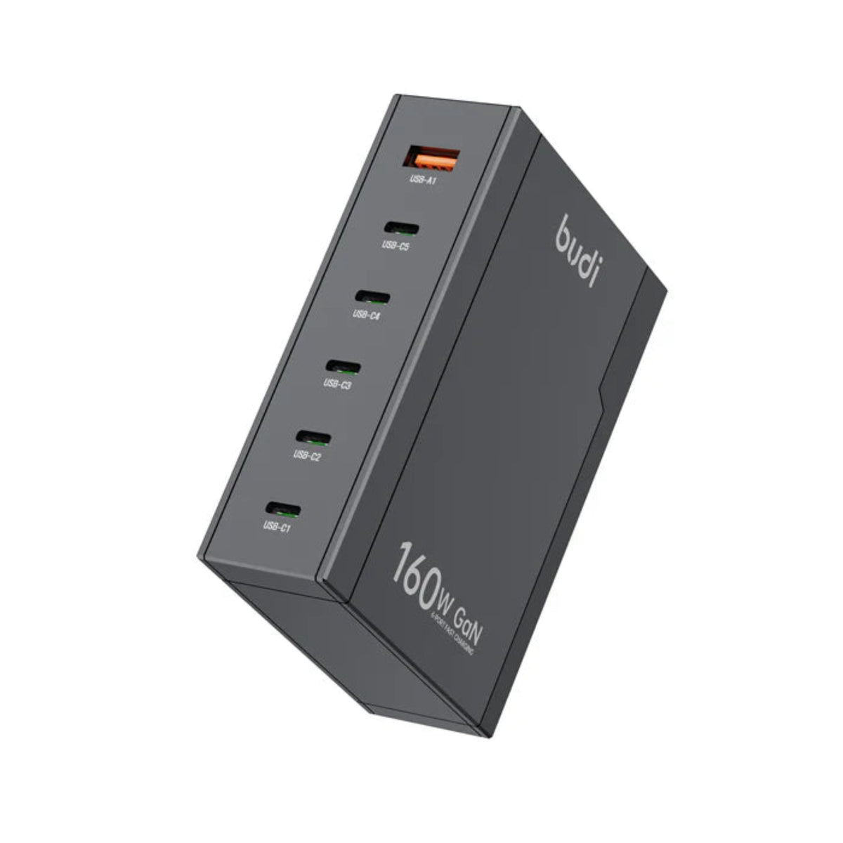 Budi AC350 6 Ports 160W PD&PC3.0 Global Travel GaN Super Fast Charger,Black