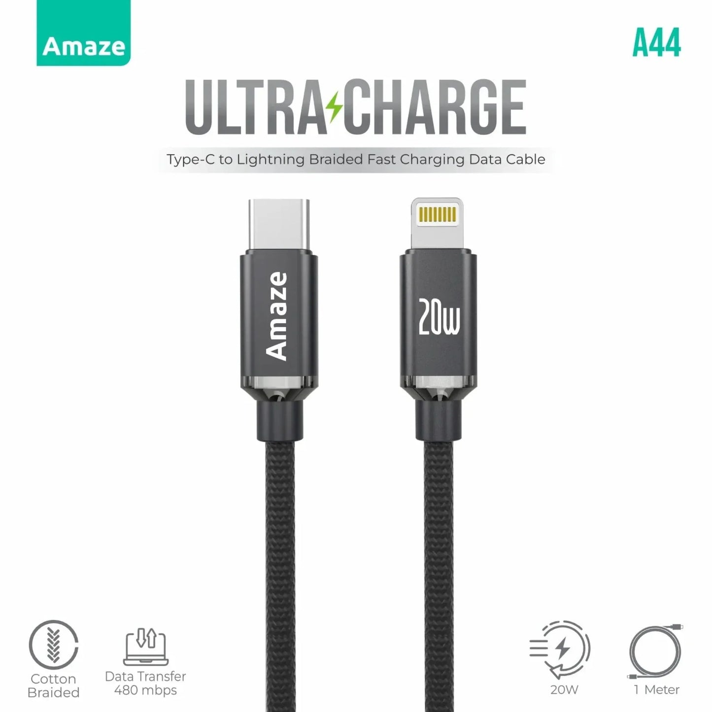 Amaze A44 Ultra Charge Type C to Lightning Cable 20W 1m - dynsol