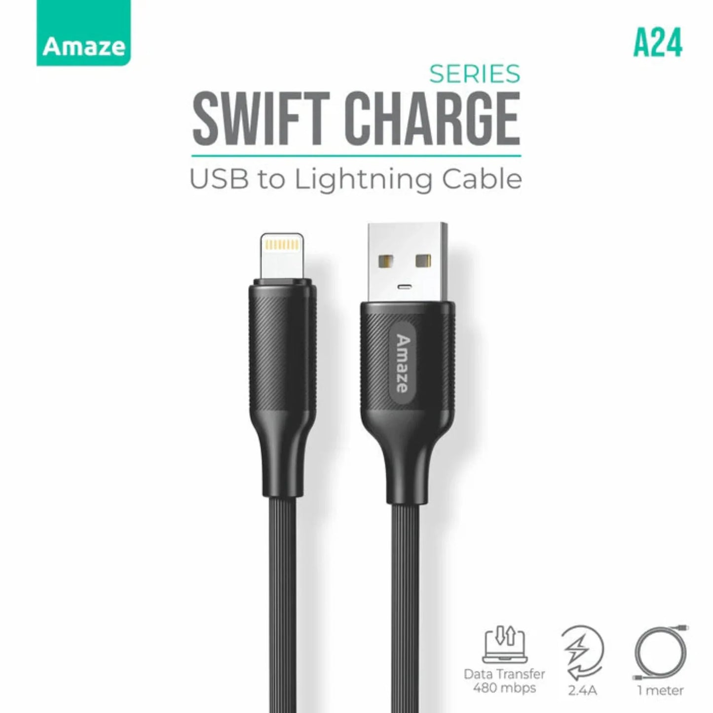 Amaze A24 Swift Charge USB to IP Cable 2.4A 1M – Black | Best Price in Pakistan | Dynsol.pk - dynsol