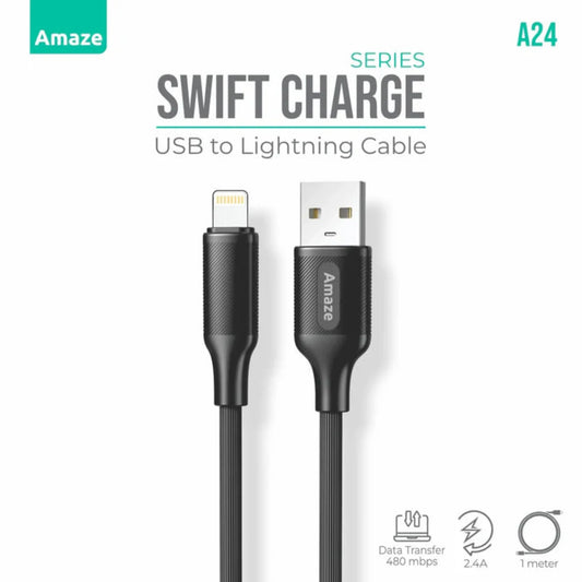 Amaze A24 Swift Charge USB to IP Cable 2.4A 1M – Black | Best Price in Pakistan | Dynsol.pk - dynsol