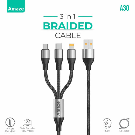 Amaze A30 USB to 3-in-1 Braided Cable 3.5A 1.2M | Best Price in Pakistan |Dynsol.pk - dynsol
