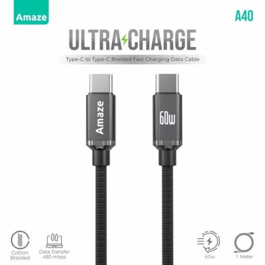 Amaze A40 Ultra Charge Type-C to Type-C Cable 60W 1M – Black / White | Best Price in Pakistan | Dynsol.pk - dynsol
