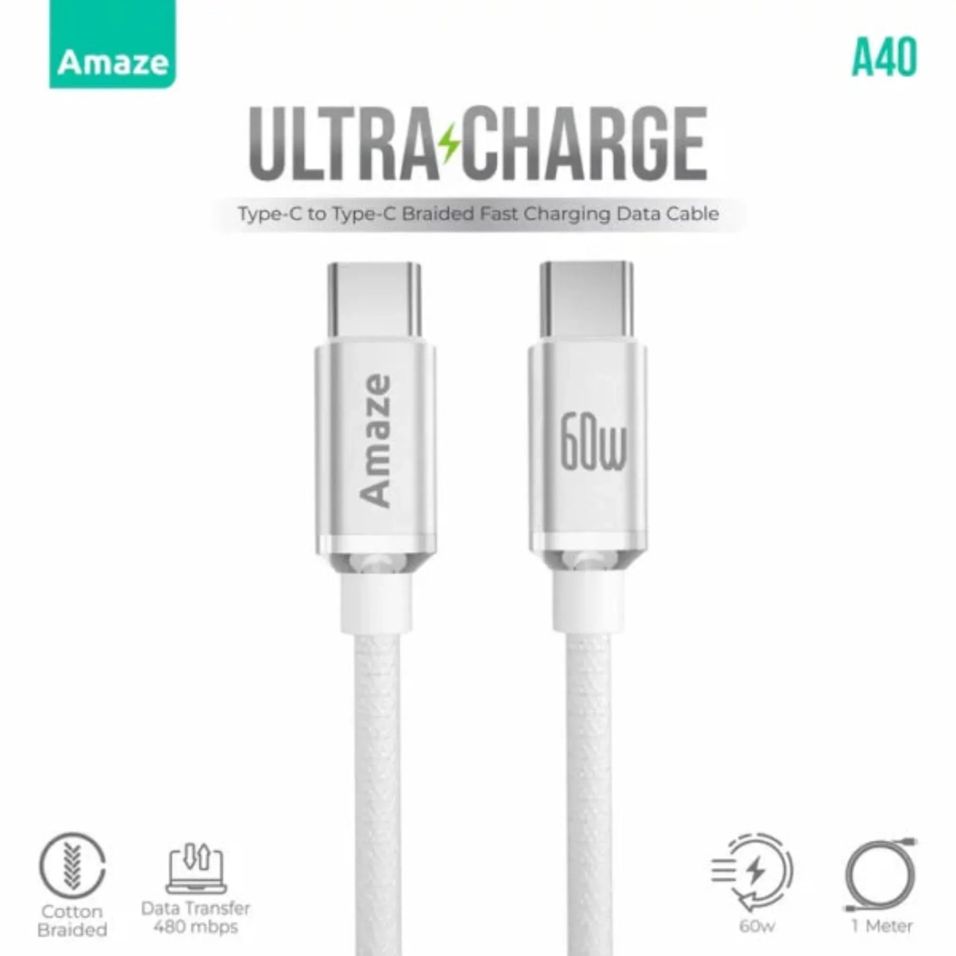 Amaze A40 Ultra Charge Type-C to Type-C Cable 60W 1M – Black / White | Best Price in Pakistan | Dynsol.pk - dynsol