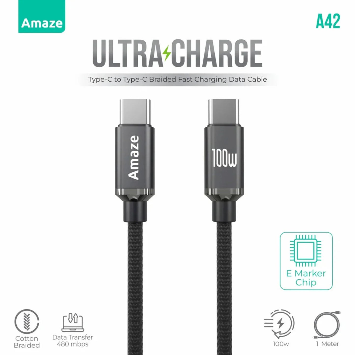 Amaze A42 Ultra Charge Type-C to Type-C Cable 100W 1M – Black | Best Price in Pakistan | Dynsol.pk - dynsol