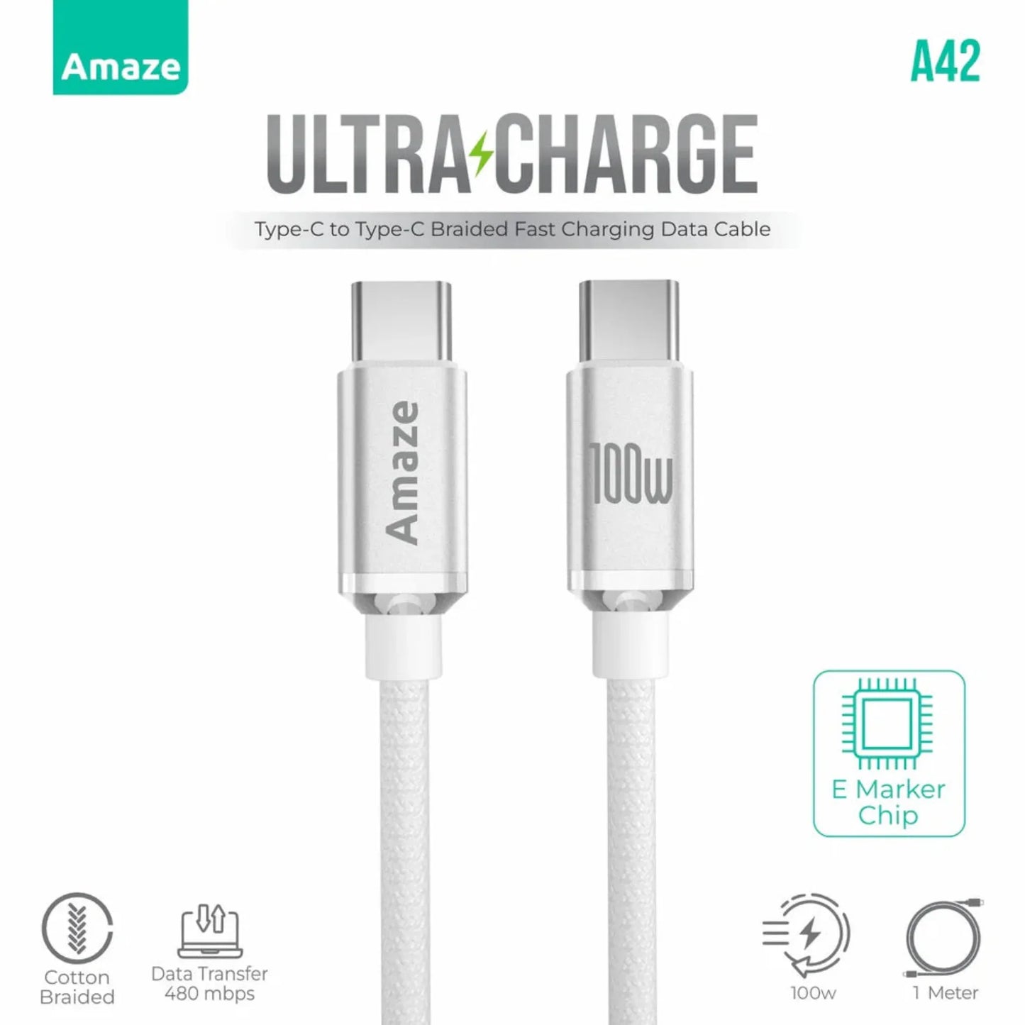 Amaze A42 Ultra Charge Type-C to Type-C Cable 100W 1M – Black | Best Price in Pakistan | Dynsol.pk - dynsol