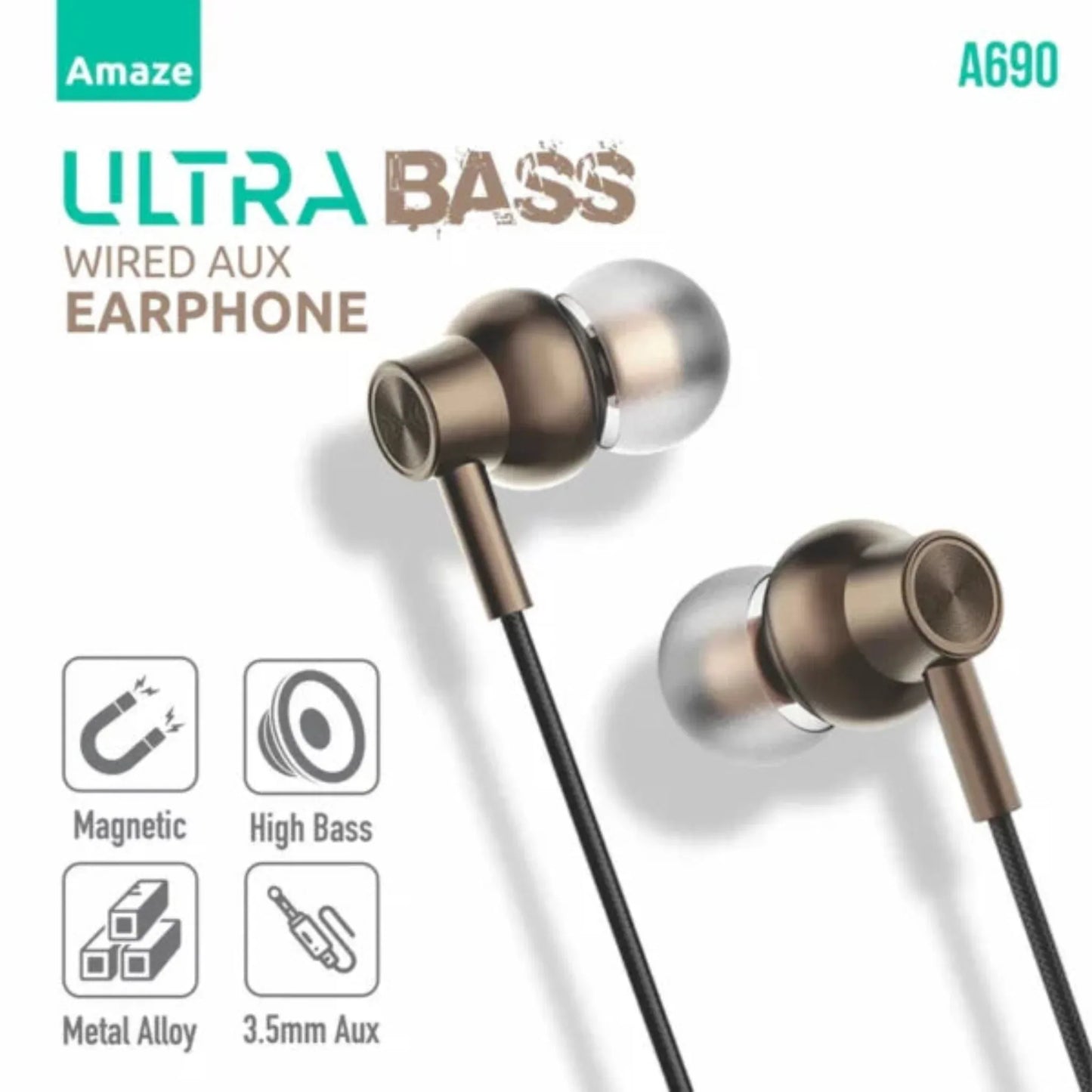 Amaze A690 Ultra Bass Wired AUX Earphone – Metallic Brown | Best Price in Pakistan | Dynsol.pk - dynsol