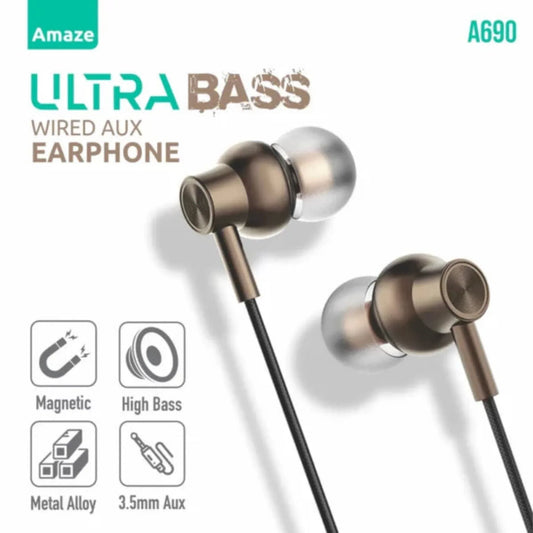 Amaze A690 Ultra Bass Wired AUX Earphone – Metallic Brown | Best Price in Pakistan | Dynsol.pk - dynsol