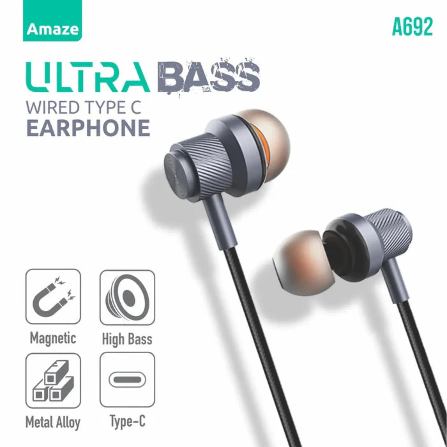 Amaze A692 Ultra Bass Wired Type-C Earphone – Metallic Gray | Best Price in Pakistan | Dynsol.pk - dynsol