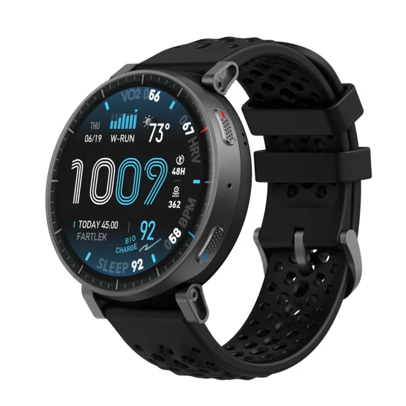 Amazfit Active Max smartwatch with black design and 1.5 inch AMOLED display.