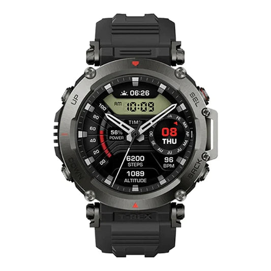 Amazfit T-Rex Ultra rugged GPS smartwatch with AMOLED display, durable outdoor design, dual-band GPS, 10 ATM water resistance and fitness tracking.