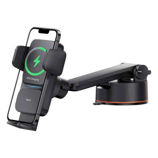 BASEUS Wisdom Series Auto‑Alignment Wireless Car Mount Charger (Qi 15W) – Suction Cup Version, Cluster Black | Price in Pakistan - dynsol