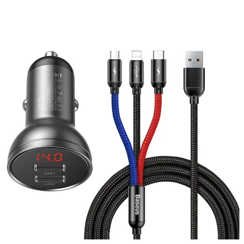 Baseus Digital Display Dual USB 4.8A 24W Car Charger With 3 in 1 Cable