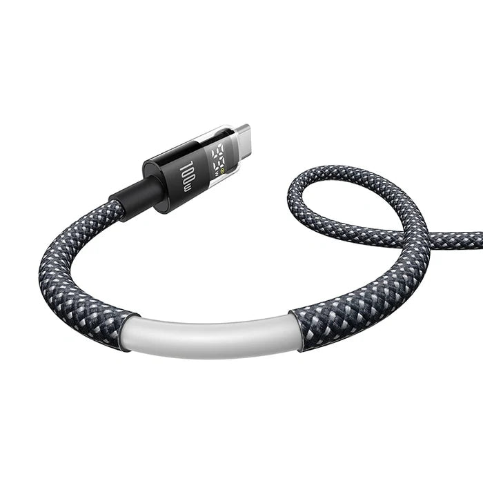 BASEUS USB-C 100W Fast Charging Cable 1M in black, braided texture with LED power indicator