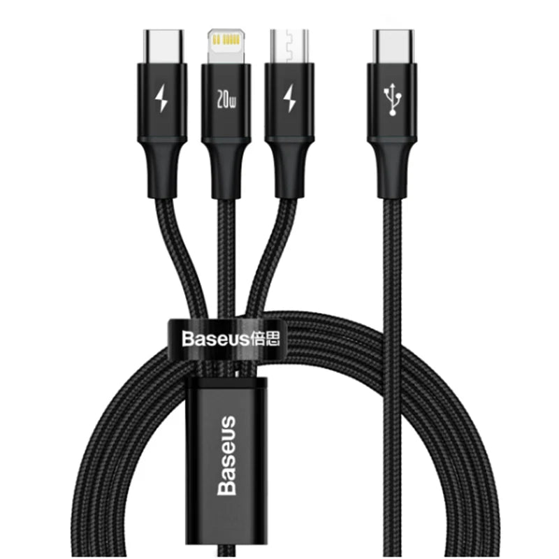 3 in 1 Baseus Rapid Series Fast Charging Data Cable Type-C to C+L+C PD 20W 1.5m