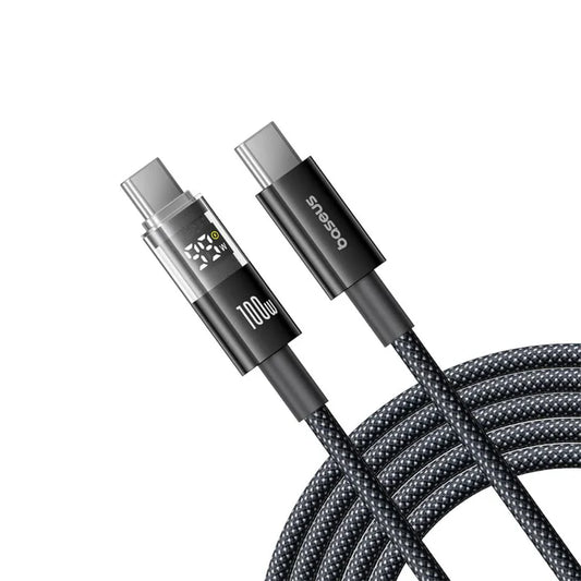 BASEUS USB-C to USB-C 100W Fast Charging Data Cable 2M showing braided design and LED power display