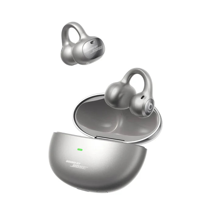 Baseus Inspire XC1 open-ear true wireless earbuds in  Galaxy Natural Titanium, earbuds lifted from charging case, side view