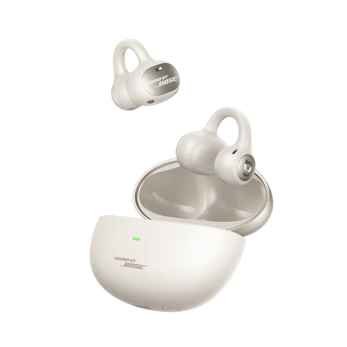Baseus Inspire XC1 open-ear true wireless earbuds in white , earbuds lifted from charging case, side view
