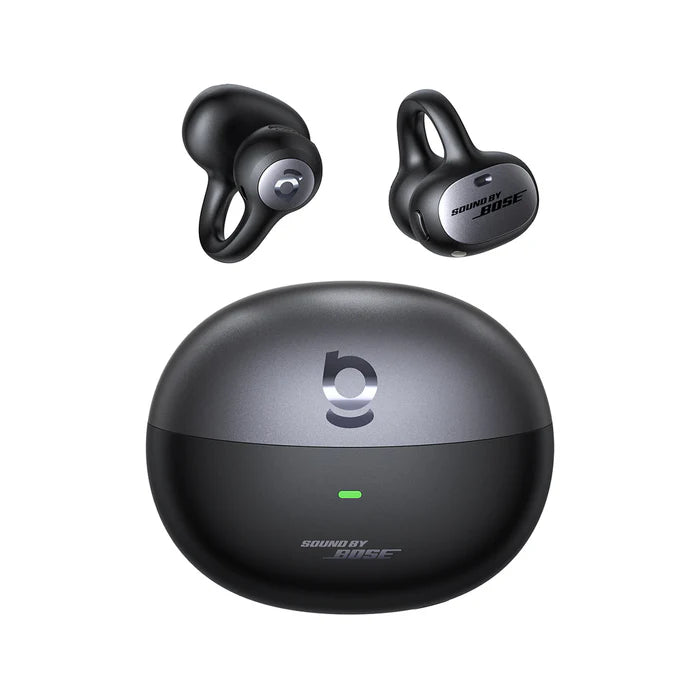 Baseus Inspire XC1 open-ear true wireless earbuds in black with charging case, top view