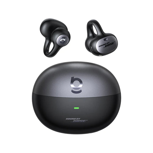 Baseus Inspire XC1 open-ear true wireless earbuds in black with charging case, top view