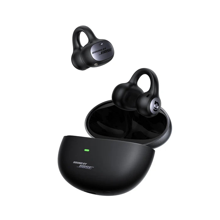 Baseus Inspire XC1 open-ear true wireless earbuds in black, earbuds lifted from charging case, side view