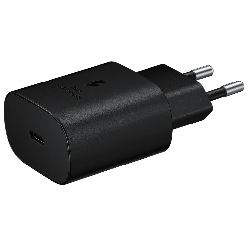 Samsung 25W USB-C fast charging adapter in black with 2-pin plug and single Type-C port