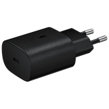 Samsung 25W USB-C fast charging adapter in black with 2-pin plug and single Type-C port
